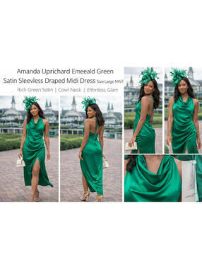 Amanda Uprichard Green Satin Draped Midi Dress Size L NWT Derby Wedding Guest